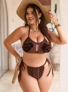 SHEIN Swim Curve 大码女式 2 件套纯色吊带露背 3D 花朵上衣和系带三角比基尼泳装套装，性感度假 - 棕色 - 查看 5