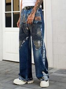 ROMWE MEN Street Life Men's Grunge Loose Fit Pentagon Wide Leg Casual Versatile Jeans - Blue - View 6