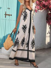 SHEIN Clasi Women's New Summer Sexy Off Shoulder Floral Print Long Dress - Apricot - View 4