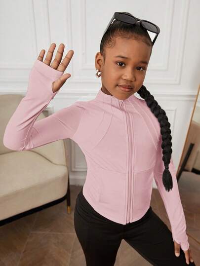 SHEIN Chaqueta con cierre de cremallera para niñas preadolescentes con protección UV para las 4 estaciones, ajuste slim para actividades deportivas, apta para correr, gimnasio, yoga, primavera/verano/otoño/invierno
