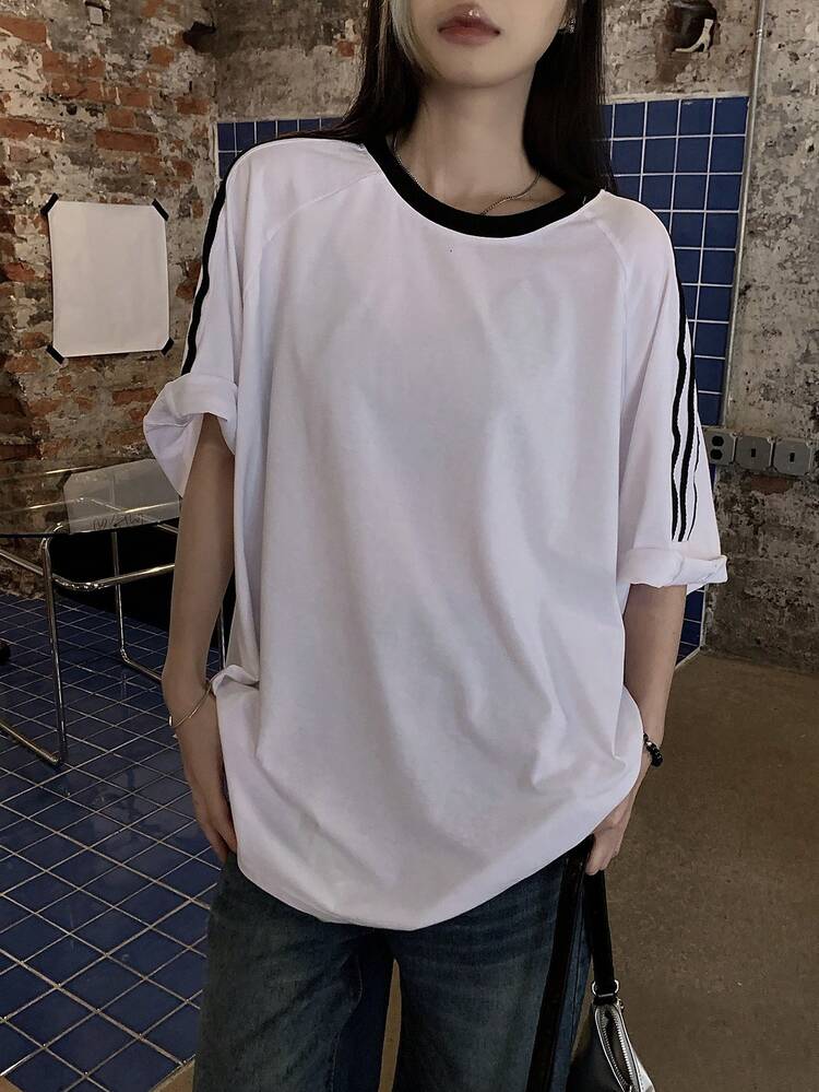 Women's Crew Neck Contrasting Side Stripe Decoration Short Sleeve T-Shirt Streetwear