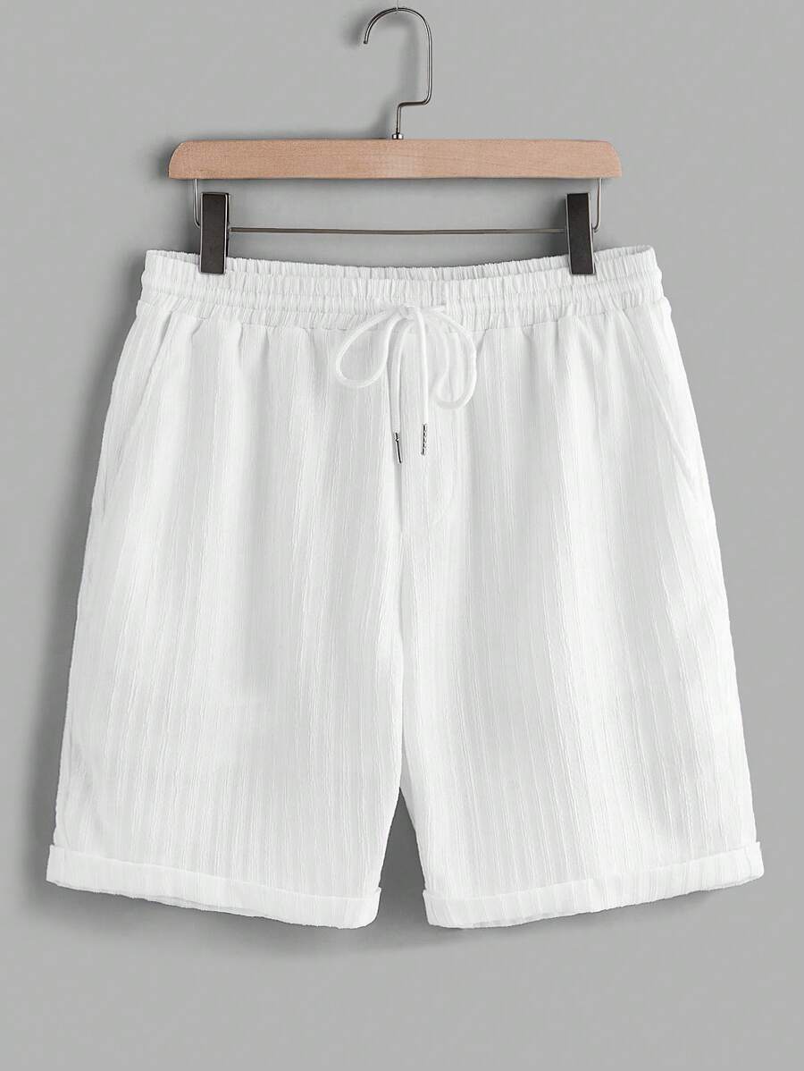 Manfinity VCAY 男士针织休闲宽松纯色松紧腰直筒短裤 - 白色 - 查看 1