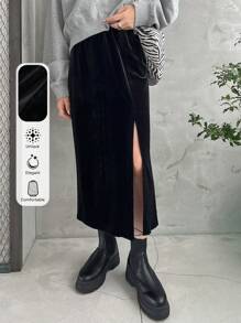 FRIFUL 女士丝绒直筒高开衩半身裙 秋冬款 - 黑色 - 查看 8