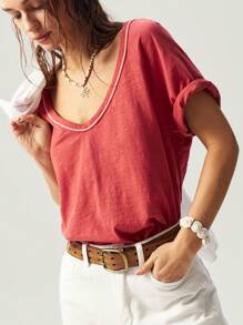 Bohemela BOHO Vacation Solid Color Knit V-Neck Short Sleeve Loose Backless Washed Women T-Shirt