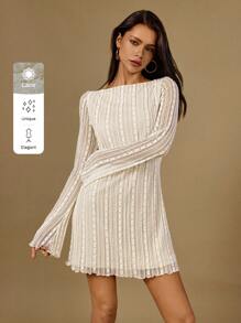 Poéselle Women Boat Neck Long Sleeve Elegant Mini Dress, Autumn Winter A-Line Dress, Jacquard Knit Dress, Semi Transparent Sleeves, Effortless Chic Essential, FW24 - Apricot - View 9