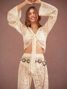 WESTFADE 春季波西米亚风钩针蕾丝蝴蝶结前长喇叭袖节日短款上衣纳什维尔风格 - 杏色 - 查看 1