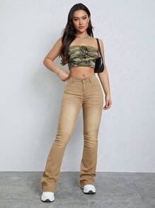 SHEIN ICON Solid Flare Leg Jeans Y2k - Apricot - View 8