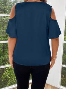 SHEIN LUNE Blusa de talla grande informal de unicolor con aplicación de encaje y hombros abiertos - Azul Marino - Ver 2