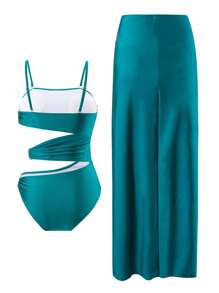 Swim Oasis Conjunto de 2 piezas para mujer: Traje de baño elegante de una sola pieza con decoración hueca de metal y vestido pareo de playa largo con cordón, para verano