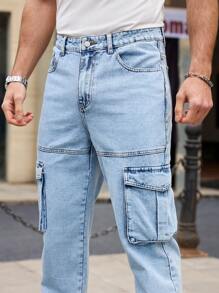Manfinity Homme Men's Casual Washed Blue Slim-Fit Cargo Denim Jeans - Light Wash - View 4