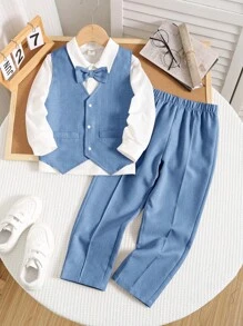 SHEIN 3 件套年轻男孩绅士精致优雅都市白色长袖衬衫、T 恤、背心和裤子套装，适合婚礼、派对、旅行、日常聚会、秋冬 - 藍色 - 查看 6