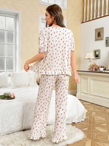 CottageSlumber CottageSlumber Lace Splicing Square Neck Puff Sleeve Ruffle Hem Pants Romantic Ditsy Floral Loose Pajama Set For Young Girls