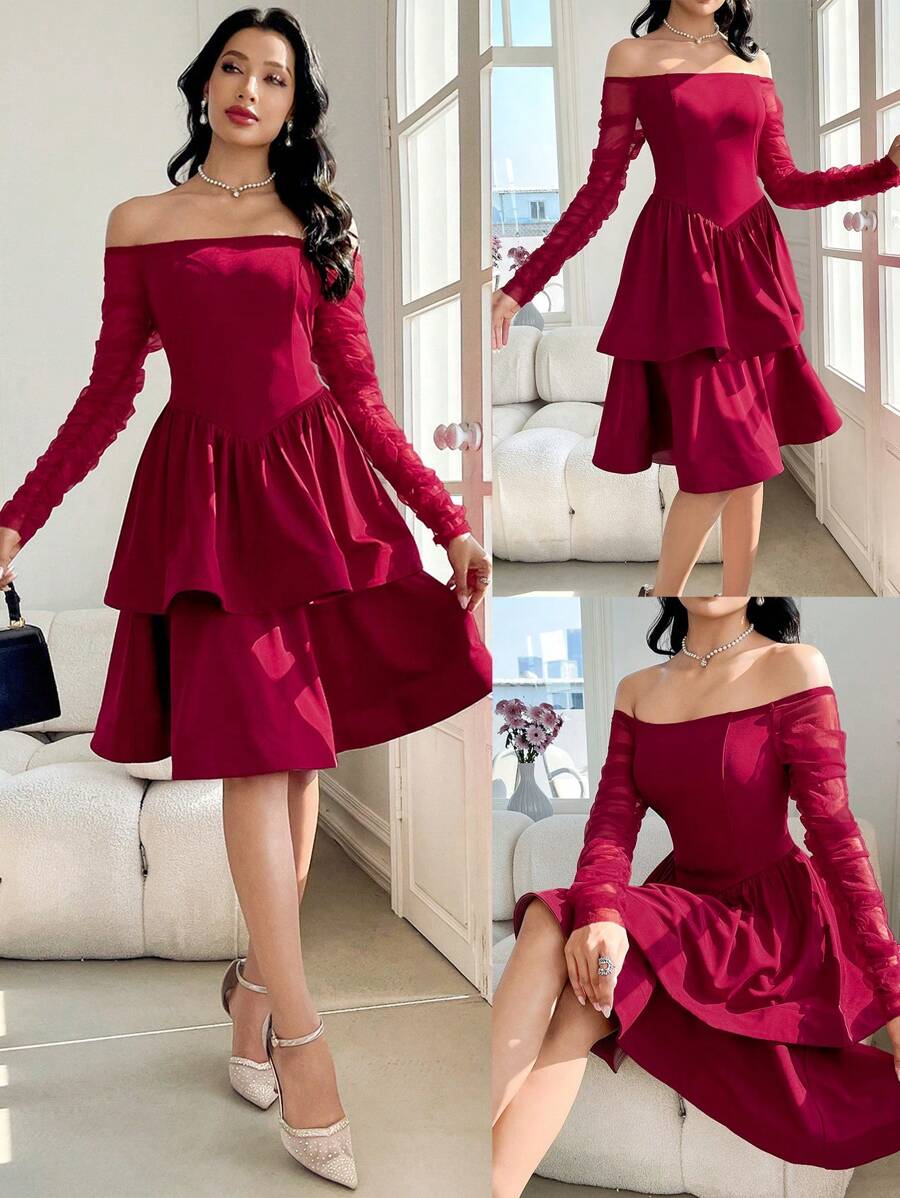 Modelyn Vestido elegante de mujer de unicolor con tejido de malla y hombros descubiertos de largo medio - Burdeos - Ver 1