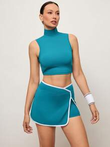 Activina Women Lace-Up Backless Stand Collar Cropped Tank Top & Contrast Trim Mini Skirt 2Pcs Activewear Set