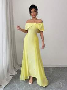 Rafferiza French Elegant Cocktail Party Wedding Guest Off Shoulder Ruched Bodycon Chiffon See-Through Flowy Mermaid Dress, Yellow, Women, Spring/Summer - Yellow - View 7