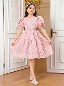 Tween Girl Dusty Pink Round Neck Jacquard Floral Puff Sleeve Bow Back Decor Elegant Summer Party A-Line Dress,Occasion Dress For Princess,Graduation - Pink - View 5