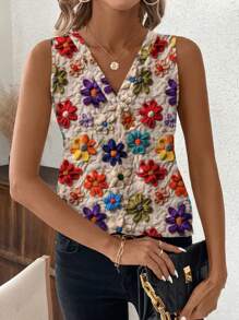 SHEIN Clasi 女士纹理印花纽扣衬衫，简约时尚，适合夏季 - 彩色 - 查看 3