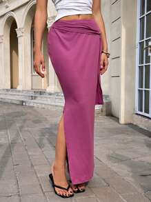 SHEIN Essnce Conjuntos de verano para mujer 2025: Falda larga de talle bajo con abertura lateral en morado oscuro - Falda casual minimalista de punto, ropa de playa bohemia chic y elegante moda de verano para noche