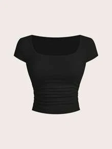 SHEIN BAE Set de 3 camisetas de manga corta con cuello en U y fruncido, de ajuste ceñido, versátiles para el verano, para mujeres - Multicolor - Ver 7
