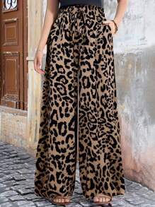 SHEIN 少女雪纺阔腿豹纹裤，休闲优雅，适合度假、休闲和百搭 - 彩色 - 查看 9