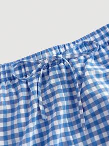 SHEIN MOD Blue & White Plaid Straight Leg Pants With Elastic Waist, Casual Plus Size Women Maxi, Loose Waist Low-Rise Plaid Long Pants, Spring Trousers,Baggy Pants,Linen Pants,Beach Casual Wear - Blue and White - View 3