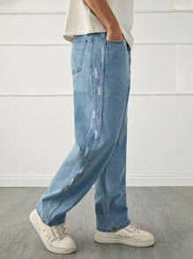 RueChic Men Light Blue Washed Patched Ripped Loose Fit Jeans - Blue - View 6