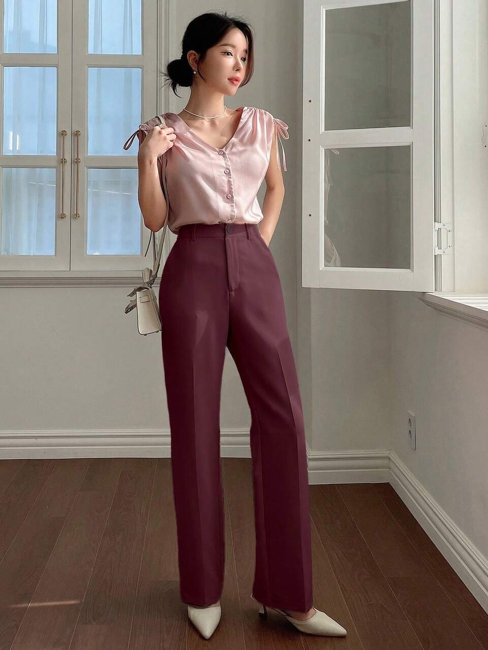 Women's Solid Color With Pocket Straight Leg Business Casual Pants,Women Dress Pants Low Rise