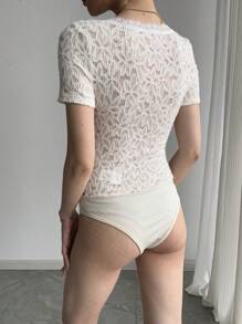 INAWLY 女士花卉提花拼接蕾丝圆领短袖紧身衣 - 杏色 - 查看 2