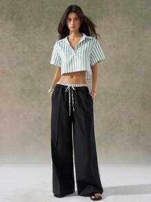 LYSMO Casual Commuter Super Oversized Wide-Leg Pants With Side Stripes And Waistband Details - Black - View 6