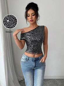 Elenzga 2025 Valentine's Day Sequin Embellished Slim Fit Asymmetrical Neck Short Sleeve T-Shirt - Multicolor - View 4