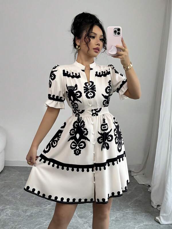 Elenzga Women's Casual Floral Print V-Neck Waist Cinched Dress