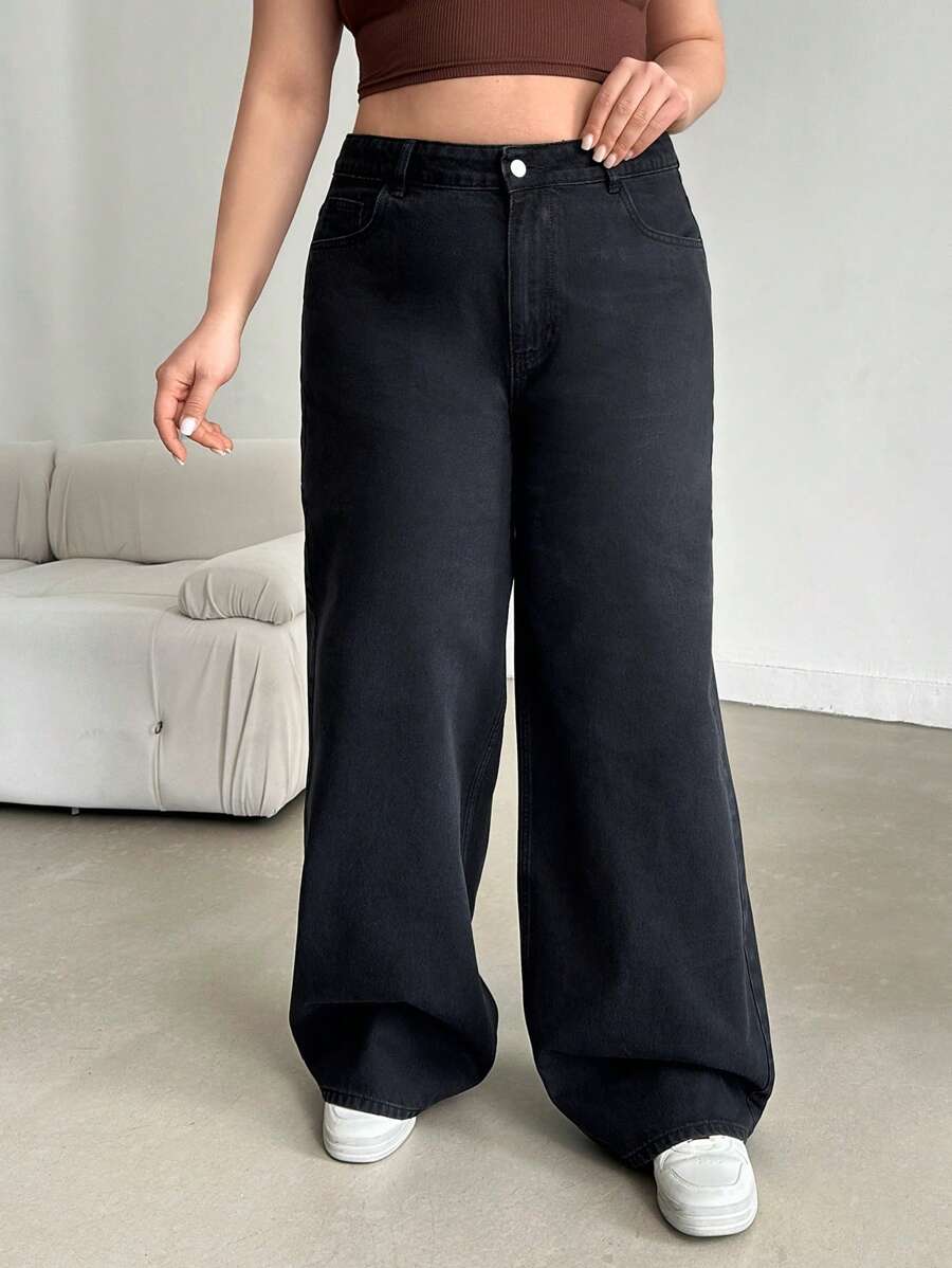 RueChic WOMEN PLUS SIZE HIGH WAIST RISE WIDELEG CUT BLACK WASH