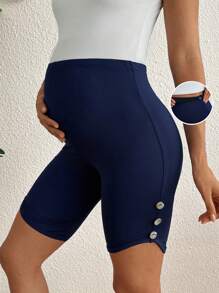 SHEIN Pantalones cortos de unicolor para embarazadas con botones a presión y aberturas laterales