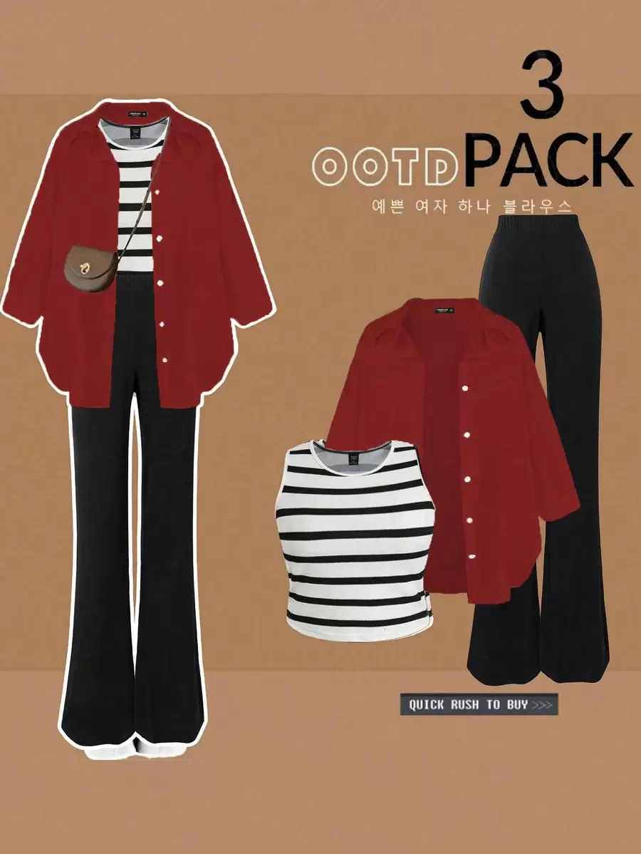 Flirla 3 件大码休闲背心、衬衫和裤子套装