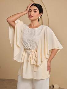 Seusyu Women's Lace Insert Round Neck Batwing Sleeve Belt Blouse - Multicolor - View 6