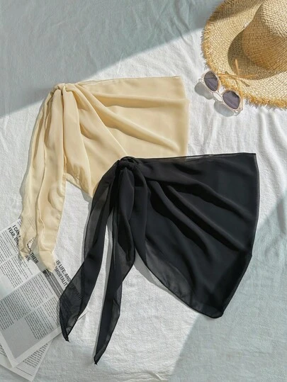 Swim Basics 2 Pcs/Set Vacation Beach Solid Color Tie Asymmetric Mesh Cover-Up Dress Set For Summer