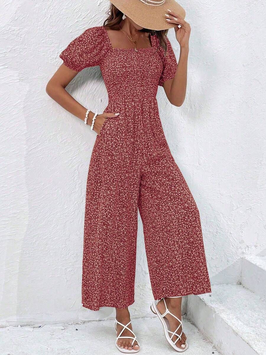 SHEIN Clasi Women's Jumpsuit With Short Sleeves, Square Neck, Minimalist And Fashionable Design, Suitable For Summer