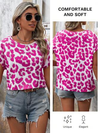SHEIN LUNE Summer Pride Month Pink Leopard Print Short Sleeve Women's Shirt