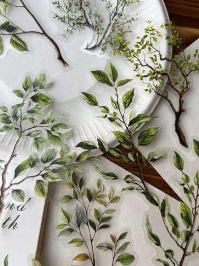 20pcs Retro Large Water-Resistant Transparent PET Stickers With Branch And Leaf Themes, Scrapbooking Embellishments, Decals