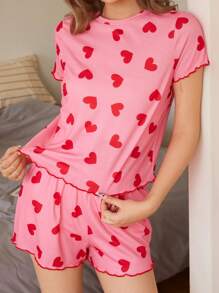 SHEIN Leap Crew Teen Girl Heart Print Ruffled Edge Short Sleeve & Short 2pcs Soft Simple Flame Retardant Pajamas Set Strawberry Girls Clothes For Teen Pj Set For Teen Girls Cute Clothes