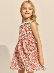 SHEIN Young Girls' Elegant Ditsy Floral Print Woven Ruffle Collar Dress, Spring/Summer - Multicolor - View 4