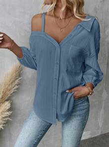 SHEIN Essnce Blusa holgada y casual de estilo callejero con hombros caídos, cuello asimétrico y unicolor, para primavera y verano, nueva moda