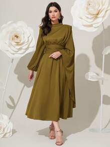 Modelyn 勃艮第红色女士纯色立领短袖阿拉伯朴素长袖连衣裙长款晚礼服