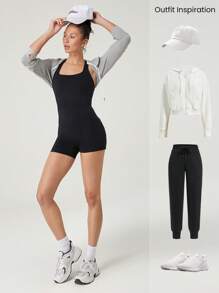 GLOWMODE 4.3" FeatherFit™-Air Sweat-Wicking Quick-Dry Tummy Control Corset Round-Neck Crossover Back Bodysuit Jumpsuit Romper With Side Pockets Low Impact Yoga Pilates Studio Daily Casual Wear Removable Cups