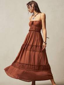 Bohemela 波西米亚风 1 件女式纯色编织中长连衣裙，带荷叶边下摆，波西米亚风女式连衣裙，女式连衣裙，女式连衣裙，波西米亚风长裙，女式露背连衣裙 - 摩卡棕 - 查看 3