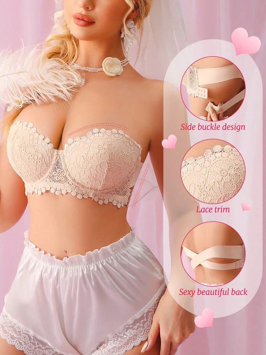 Wedding Lace Strapless Non-Slip Non-Drooping Anti-Flashing Invisible Backless Lingerie Bra, Gathering Lift Small Bust Enhancer, Criss-Cross Back Design, Comes With Regular & Invisible Shoulder Straps - Beige - View 1