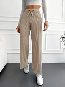 EURMUSE Quần ống đứng lưng rút dây đan gân cotton trơn - Màu be - Xem 6