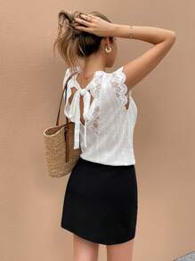 SHEIN Frenchy Women's Elegant Solid Color Lace Splicing White Knit Jacquard Fabric Ruffle Fly Sleeve Back Tie V-Neck Simple Fashionable T-Shirt For Summer Wear Summer For Women Summer Spring For Women Casual - White - View 1
