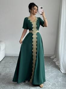 Elenzga Elegant Ruffle Patchwork Flared Dress - Green - View 6