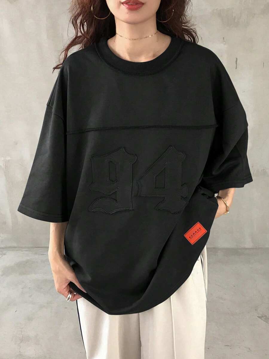FRIFUL 女士超大字母拼布T恤,纯色简约时尚,适合夏季 - 黑色 - 查看 1